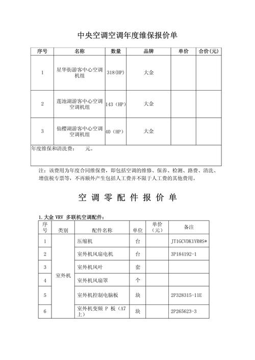 空調(diào)維修售后單，空調(diào)維修售后項目價格表